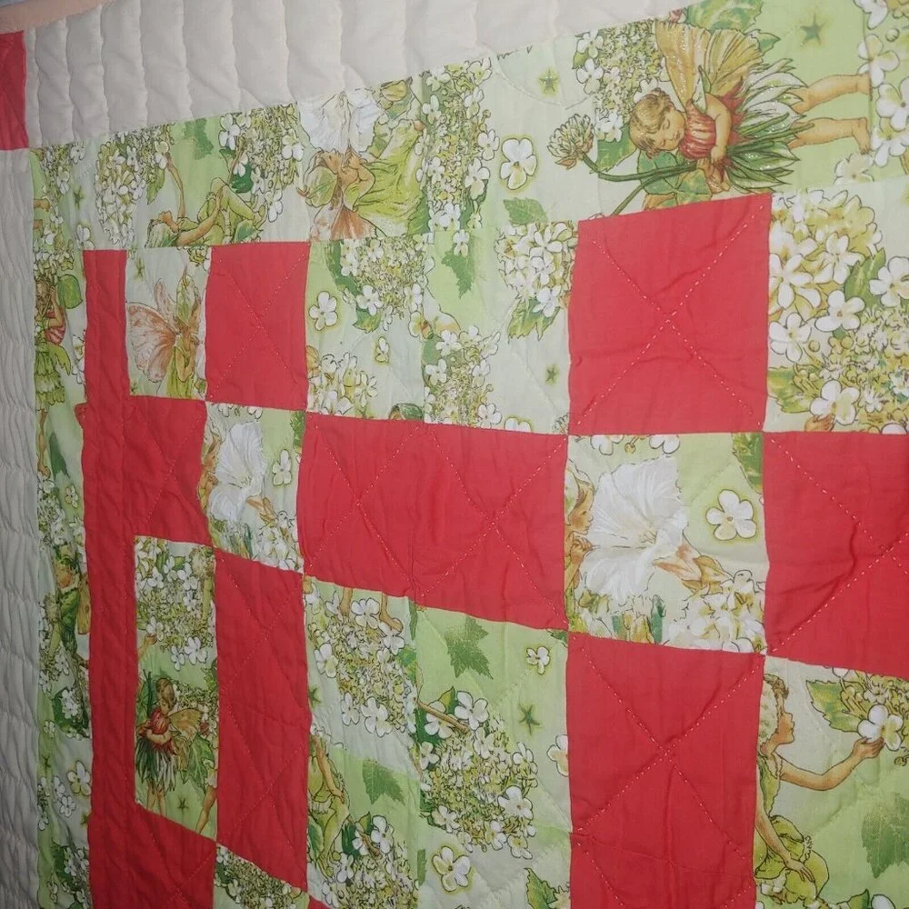 Homemade Baby Quilt Woodland Fairies Sparkle Green Floral Pink Patchwork Magical - Picture 5 of 11